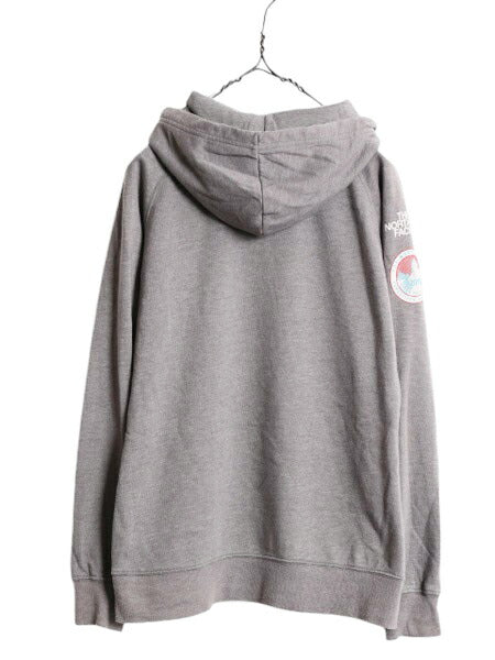 US企画 ノースフェイス プリント スウェット フード パーカー レディース M / The North Face プルオーバー トレーナー 限定 袖プリント 灰