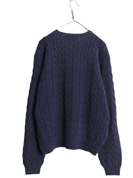 00s ポロ ラルフローレン コットン ケーブル ニット セーター メンズ XL オールド 長袖ニット ワンポイント クルーネック 大きいサイズ 紺