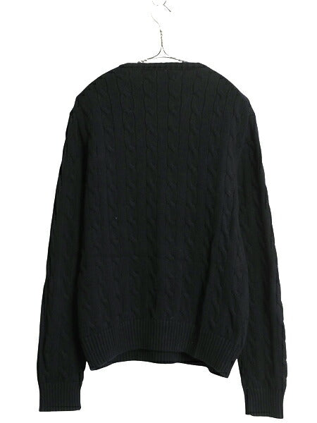 ポロ ラルフローレン コットン ケーブル ニット セーター メンズ L / 長袖ニット ワンポイント クルーネック シンプル ブラック カジュアル