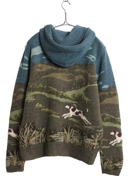00s ローレン ラルフローレン フルジップ ニット パーカー レディース M オールド ポロ ウール セーター ドッグ 絵柄 ハンドメイド 手編み