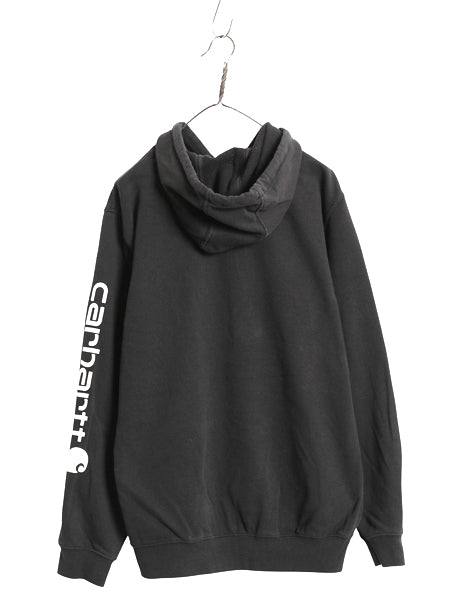 カーハート スウェット フード パーカー メンズ M / 袖 プリント トレーナー 裏起毛 プルオーバー ミドルウェイト ワンポイント ブラック