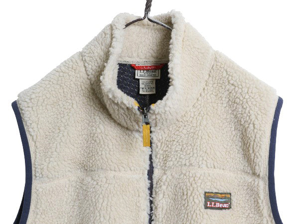 エルエルビーン パイル フリース ベスト メンズ L / 古着 ハイネック フルジップ ボア メッシュ ライナー付き 前開き 重ね着 ナチュラル 白