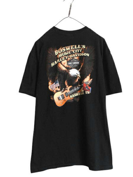 ハーレー ダビッドソン 両面 プリント Tシャツ メンズ XL オフィシャル バイク イーグル 星条旗 イラスト ヘビーウェイト 黒 大きいサイズ