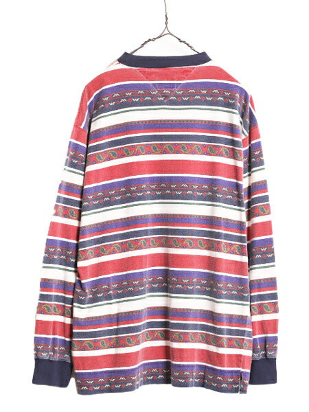 90s トミーフィルフィガー 総柄 長袖 Tシャツ メンズ M 古着 90年代 オールド TOMMY HILFIGER ロンT ボーダー ロングスリーブ クルーネック