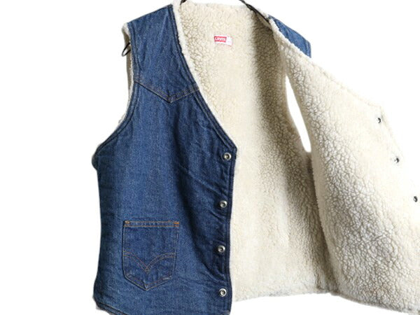 70s USA製 リーバイス 裏 ボア デニム ベスト メンズ M 古着 70年代 ヴィンテージ LEVIS 重ね着 前開き パイル オレンジタブ ポケット付き
