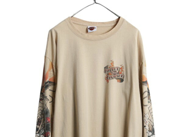 00s ★ ハーレー ダビッドソン イラスト プリント 長袖 Tシャツ メンズ XL~ / オールド ロンT バイク イーグル ファイヤー スパイダーウェブ