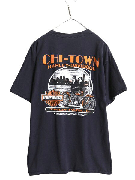 ハーレー ダビットソン 両面 プリント Tシャツ メンズ L 古着 オフィシャル バイク イラスト グラフィック ヘビーウェイト キャラクター 紺