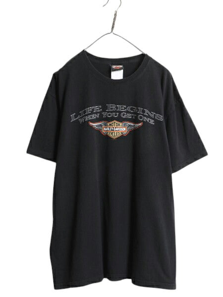 00s ハーレー ダビットソン 両面 プリント Tシャツ メンズ XL 古着 オールド オフィシャル バイク イラスト グラフィック 大きいサイズ 黒