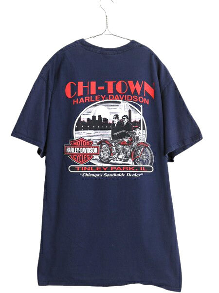 ハーレー ダビットソン 両面 プリント Tシャツ メンズ L 古着 オフィシャル バイク イラスト グラフィック ヘビーウェイト キャラクター 紺