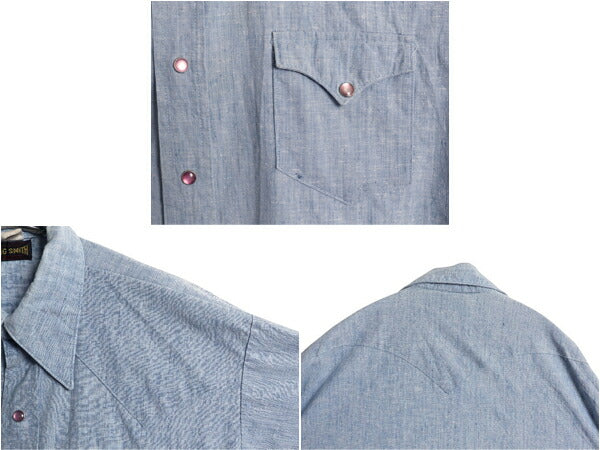 70s USA製 ビッグスミス シャンブレー 長袖 ウエスタン シャツ メンズ XL 程 ヴィンテージ ポケット付き カスリ 無地 大きいサイズ ブルー