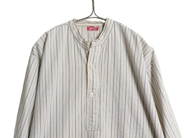 40s 50s Searchlight ストライプ グランパ シャツ メンズ L 程 古着 ユーロ ヴィンテージ 長袖シャツ プルオーバー マチ付き バンドカラー