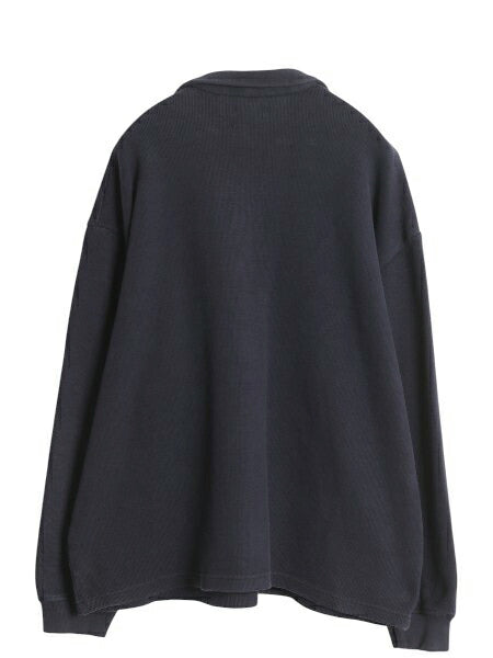 イタリア製 コーチ コットン ニット ポロシャツ メンズ L ヘビーウェイト リブ編み スウェット セーター 長袖シャツ ポケット付き 無地 紺