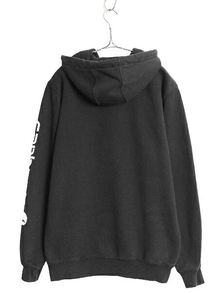 カーハート スウェット フード パーカー メンズ S 古着 袖 ロゴ プリントトレーナー 裏起毛 プルオーバー ミドルウェイト ワンポイント 黒