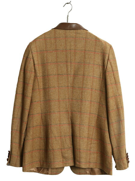イタリア製 ブルックスブラザーズ チェック テーラード ジャケット レディース M 程 ブレザー ウール カシミヤ 本革 レザー 切替 トラッド