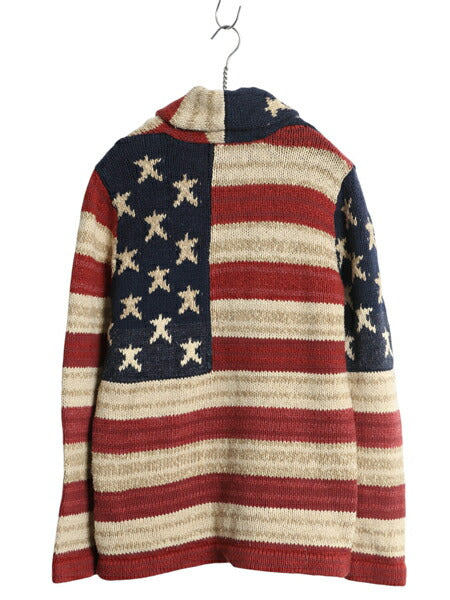 ポロ ラルフローレン 星条旗 総柄 ショールカラー ニット カーディガン レディース M / コットン リネン セーター ヘビーウェイト 前開き