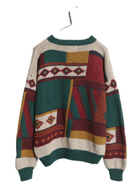 90s ウールリッチ デザイン ニット セーター メンズ M オールド 立体編み コットン ラミー ハンドメイド 手編み マルチカラー クレイジー