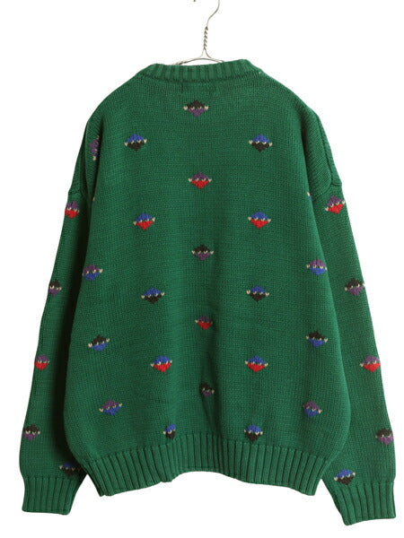 90s イギリス製 エディーバウアー 総柄 デザイン 二ット セーター メンズ XL / オールド 大きいサイズ バーズアイ ヘビーウェイト コットン