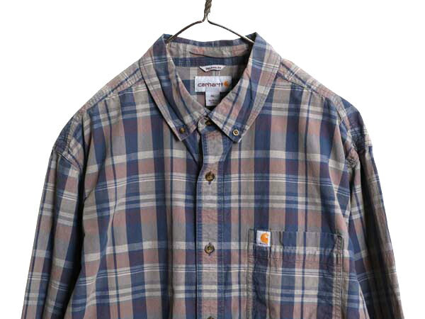 US企画 カーハート チェック ボタンダウン 長袖 シャツ メンズ XL Carhartt ワーク コットン マルチカラー ポケット付き 大きいサイズ 廃盤