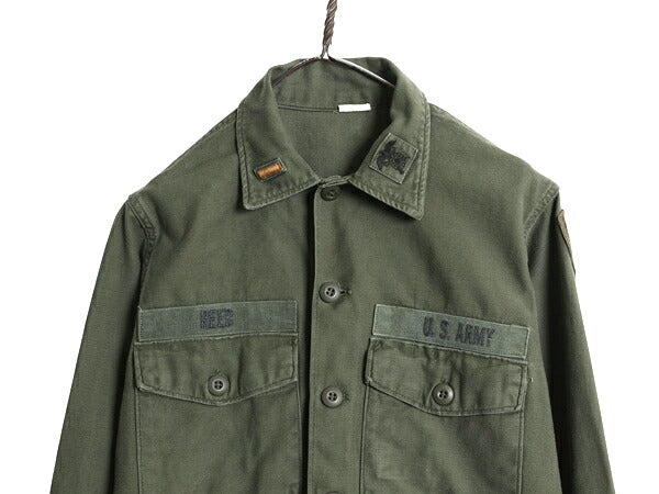 70s 米軍実物 US ARMY コットン サテン ユーティリティ シャツ M ヴィンテージ 70年製 ミリタリー OG107 シャツ袖 3rd 軍物 ワッペン 付き
