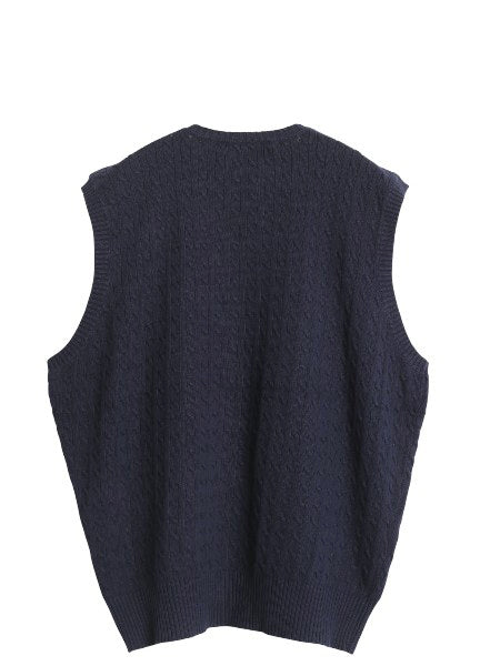 90s ポロゴルフ ラルフローレン Vネック コットン ケーブル ニット ベスト メンズ L ポロ オールド セーター 重ね着 ワンポイント ネイビー