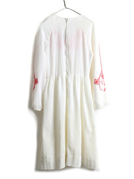 70s ビンテージ ☆ Leslie Fay クロスステッチ 長袖 ワンピース レディース M 程 古着 ボヘミアン ひざ上丈 チュニックワンピ フォークロア