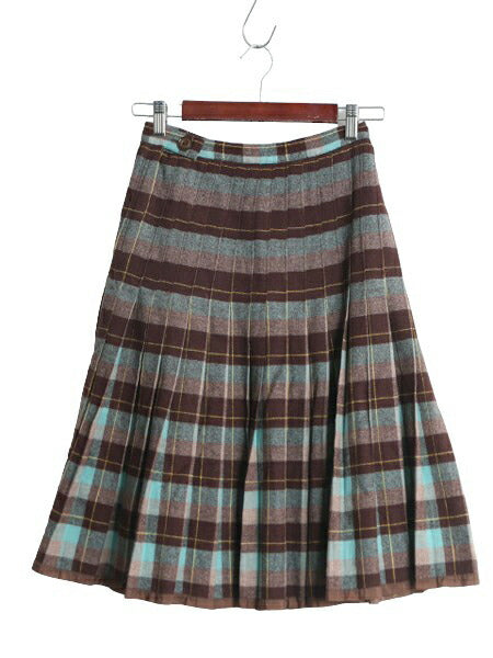 1点物 50s 60s チェック プリーツ スカート レディース XS 古着 ヴィンテージ ウール ミニスカート フレア ひざ丈 ミディ丈 総柄 トラッド