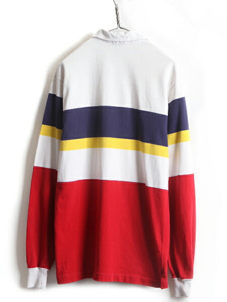 20周年モデル 80s USA製 クロスフラッグ ■ POLO ポロ ラルフローレン ボーダー 長袖 ラガーシャツ ( メンズ L ) 古着 80年代 長袖シャツ