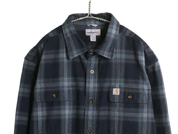 カーハート チェック ヘビー フランネル シャツ メンズ XL / 古着 ワーク ネルシャツ コットン 長袖シャツ マルチカラー 大きいサイズ 紺