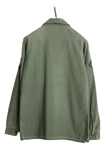 70s 米軍実物 US ARMY コットン サテン ユーティリティ シャツ メンズ S 程 ヴィンテージ ミリタリー アーミー OG107 シャツ袖 3rd カーキ