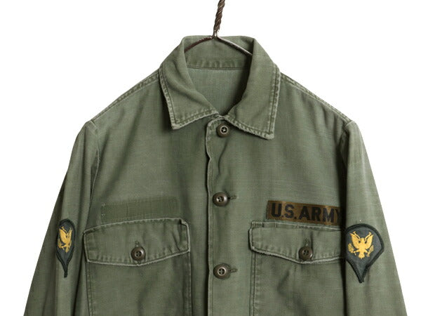 70s 米軍実物 US ARMY コットン サテン ユーティリティ シャツ メンズ S 程 ヴィンテージ ミリタリー アーミー OG107 シャツ袖 3rd カーキ