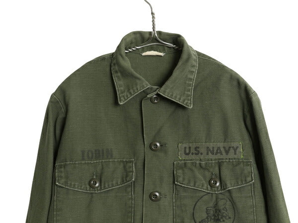 70s 米軍実物 USN ネイビー シービーズ コットン サテン ユーティリティ シャツ メンズ S 73年製 ヴィンテージ OG107 シャツ袖 4th USN 緑