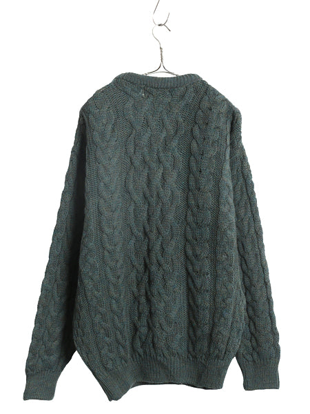 アイルランド製 aran crafts フィッシャーマン ウール ニット セーター メンズ S / 古着 アラン ケーブル 長袖ニット クルーネック 無地 緑