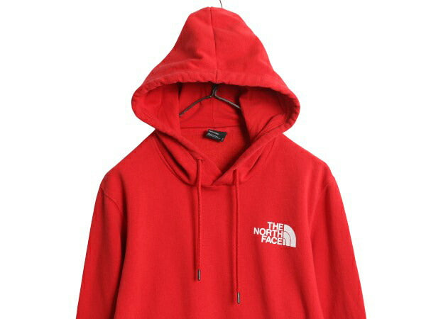 US企画 ノースフェイス 両面 プリント スウェット フード パーカー メンズ S アウトドア プルオーバー トレーナー 裏起毛 ボックスロゴ 赤