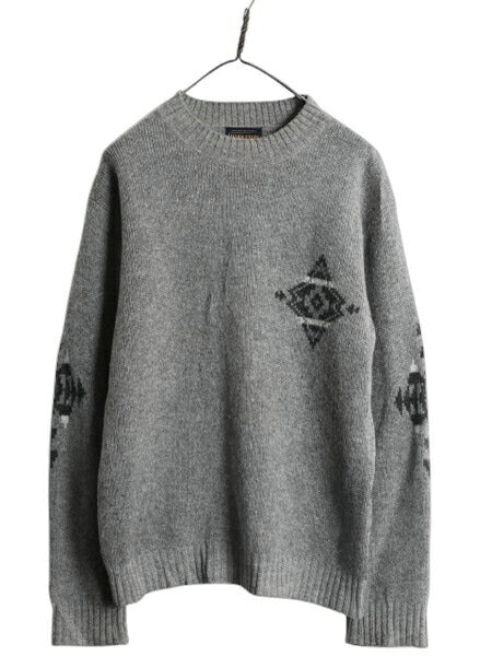 ペンドルトン ネイティブ 総柄 ウール ニット セーター メンズ S 古着 PENDLETON ミドルゲージ モックネック デザイン ハイネック グレー