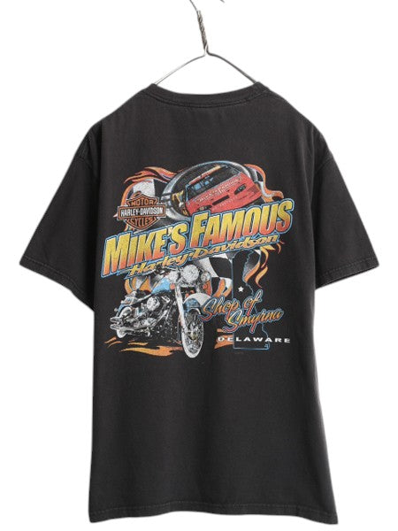 00s USA製 ハーレー ダビットソン 両面 プリント Tシャツ メンズ L 古着 オールド オフィシャル ウルフ ファイヤー バイク グラフィック 黒