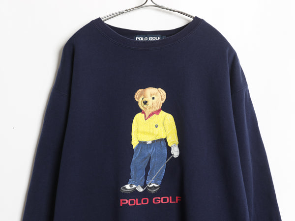 90s ポロベア ポロゴルフ ラルフローレン プリント スウェット メンズ L / オールド ポロ トレーナー クルーネック 裏起毛 キャラクター 紺