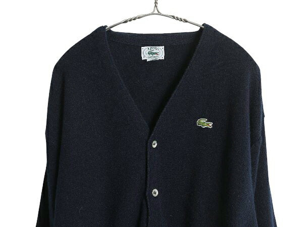 80s USA製 ラコステ アクリル ニット カーディガン メンズ レディース L 古着 ヴィンテージ 羽織り 前開き セーター ワンポイント ネイビー