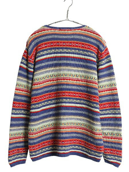 90s エディーバウアー ネイティブ ボーダー 長袖 ニット カーディガン レディース M オールド コットン リネン 前開き 羽織り マルチカラー
