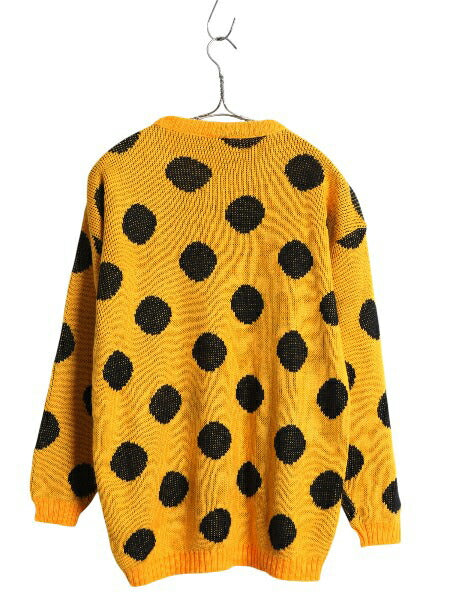 80s USA製 ドット デザイン ニット セーター レディース L / ヴィンテージ アクリル 長袖ニット ゆったり ツートン ブラック イエロー 水玉