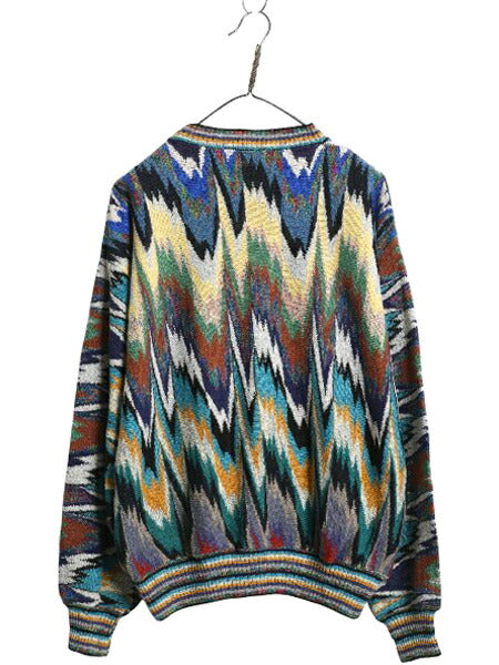 90s イタリア製 MONDO 総柄 デザイン ニット セーター メンズ S / 古着 オールド コットン リネン アクリル 薄手 長袖ニット マルチカラー