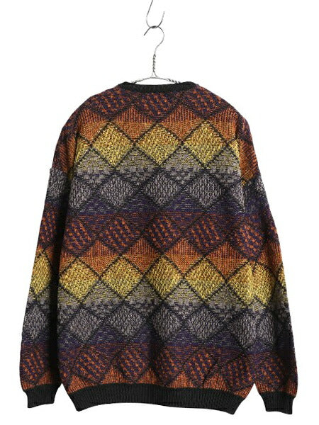 90s イタリア製 PRONTO UOMO 総柄 立体編み デザイン ニット セーター メンズ L 古着 オールド コットン アクリル 長袖ニット マルチカラー