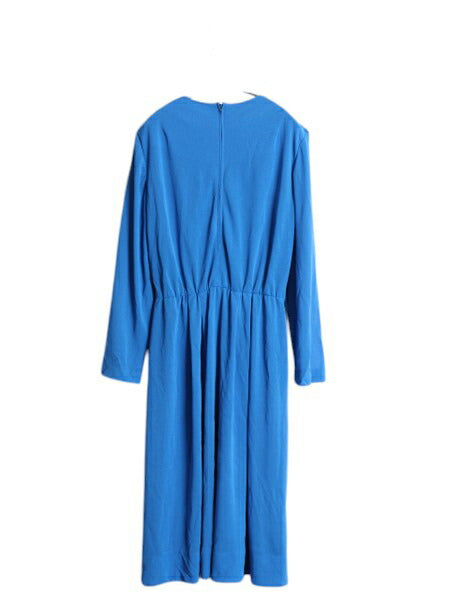 70s USA製 Heury Lee カシュクール 長袖 ワンピース レディース M 程 ヴィンテージ ミモレ丈 ドレス きれいめ シンプル 透け感 無地 ブルー