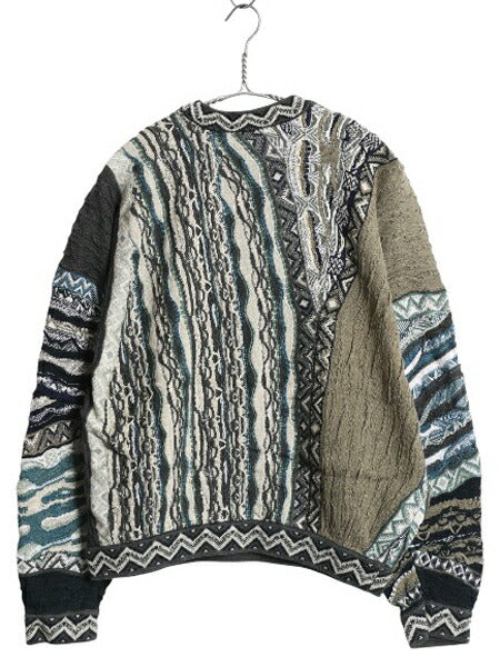 90s オーストラリア製 クージー 3D 立体編み デザイン ニット セーター メンズ S 古着 オールド コットン ゆったり 総柄 薄手 マルチカラー