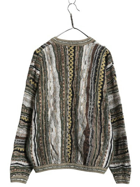 90s カナダ製 TUNDRA 3D 立体編み Vネック デザイン ニット セーター メンズ XL 小さめ L 程 オールド コットン 大きいサイズ マルチカラー