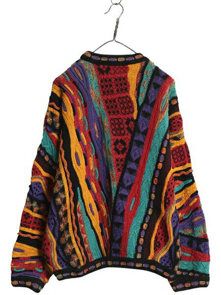 90s カナダ製 TUNDRA 3D 立体編み デザイン ニット セーター メンズ L オールド コットン 長袖ニット 総柄 マルチカラー カラフル ゆったり