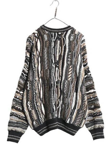 90s FLORENCE TRICOT 3D 立体編み デザイン ニット セーター メンズ L 古着 オールド コットン アクリル 総柄 マルチカラー クルーネック