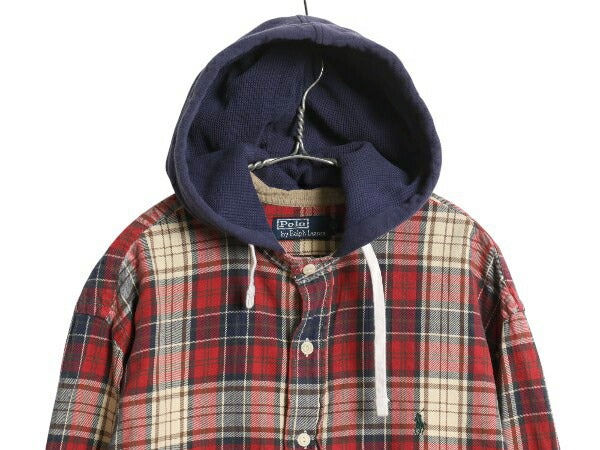 00s ポロ ラルフローレン フード付き チェック フランネル シャツ メンズ XXL 古着 長袖シャツ コットン パーカー ネルシャツ 大きいサイズ