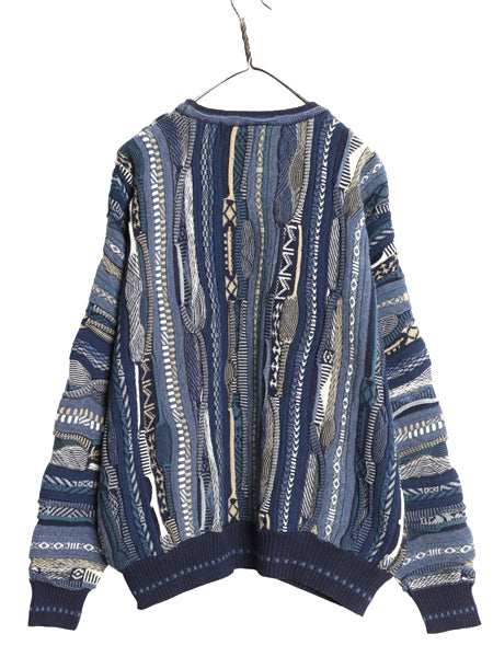 90s FLORENCE TRICOT 3D 立体編み デザイン ニット セーター メンズ XL 古着 オールド コットン アクリル 総柄 マルチカラー 大きいサイズ