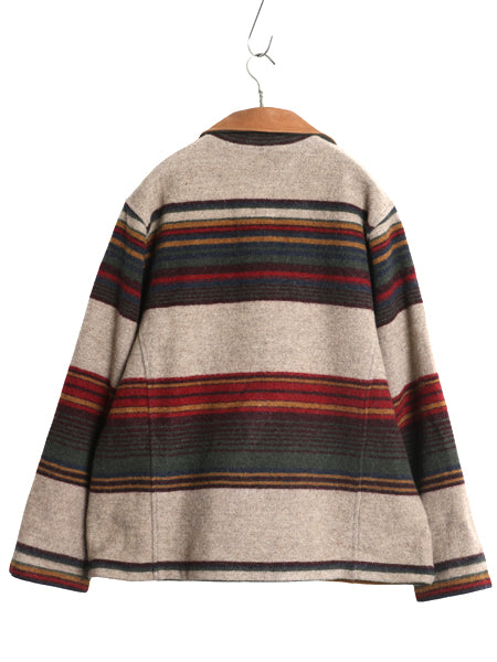 90s USA製 ウールリッチ ウール ラグ ジャケット レディース L / オールド ネイティブ マルチカラー ボーダー カバーオール 襟 本革 レザー