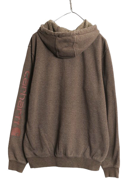 カーハート スウェット フード パーカー メンズ M / 古着 袖 プリント トレーナー 裏起毛 プルオーバー ミドルウェイト シンプル ブラウン